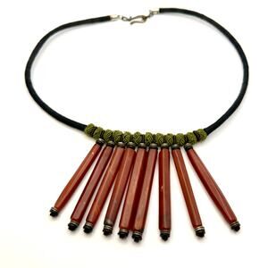 Vintage 90s Sino Tibetan Carnelian Agate Knotted Fringe Statement Necklace